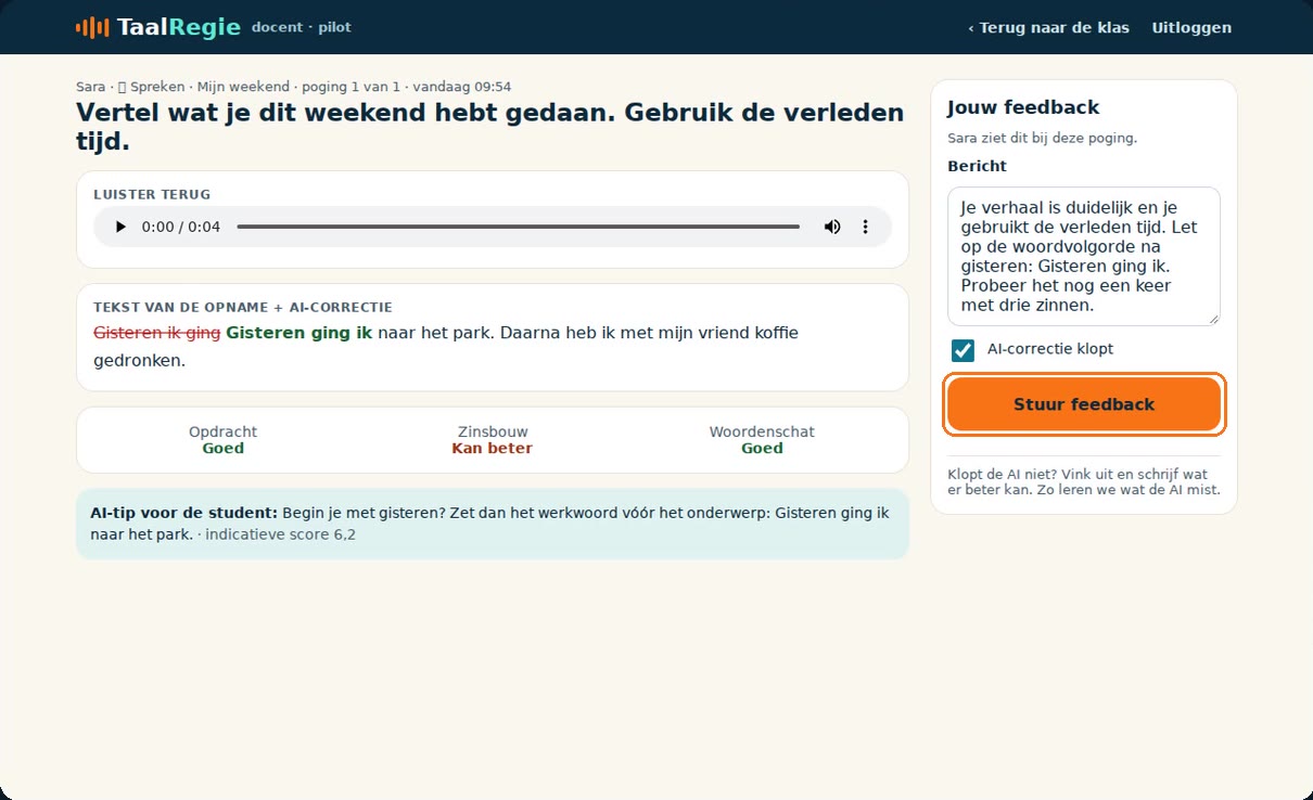 Nakijkscherm met de opname, de AI-correctie en de feedback van de docent